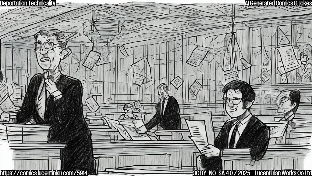 Cartoon style drawing of a confused lawyer in a courtroom facing transparent, floating ghosts. The lawyer is holding a document labeled "Deportation Order". The background is a simple, plain blue color.