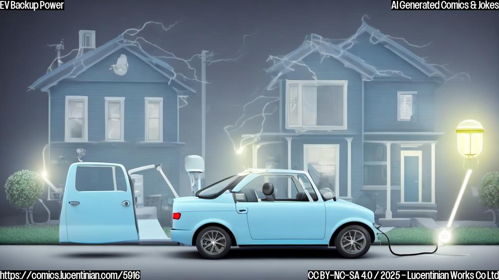 A light blue colored electric car with a surprised expression, plugged into a house during a blackout. The house is dark except for a single lamp powered by the car. Cartoon style.