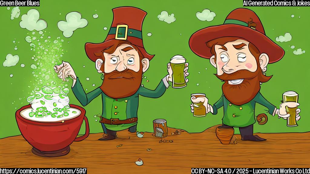 A cartoon-style illustration of a small, green-clad leprechaun with a red beard looking disgusted at a pint of bright green beer overflowing with shamrocks. The background is a simple, plain light green.