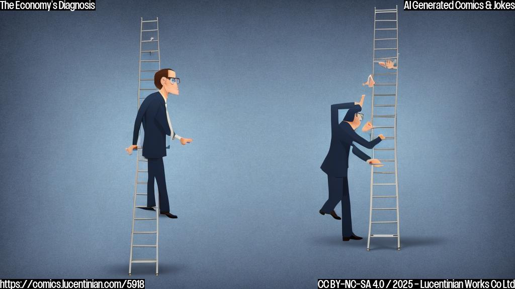 A cartoon style image depicting an economist, a character with glasses and a concerned expression, carrying a large ladder towards a simplified, generic stock market chart that is visibly slumping downwards. The background is a plain light blue color.