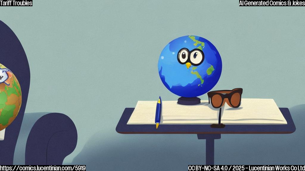 A sad looking globe wearing a tiny business suit, sitting on a therapist's couch. The therapist is a wise-looking owl with glasses and a notepad. Background is a calming blue. Cartoon style, plain colors.