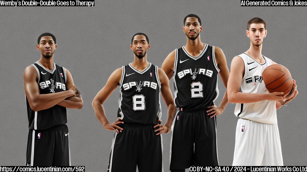 A young basketball player with a tall and lean build wearing a San Antonio Spurs jersey standing in front of a therapist, both looking surprised. The background is a simple gray wall.