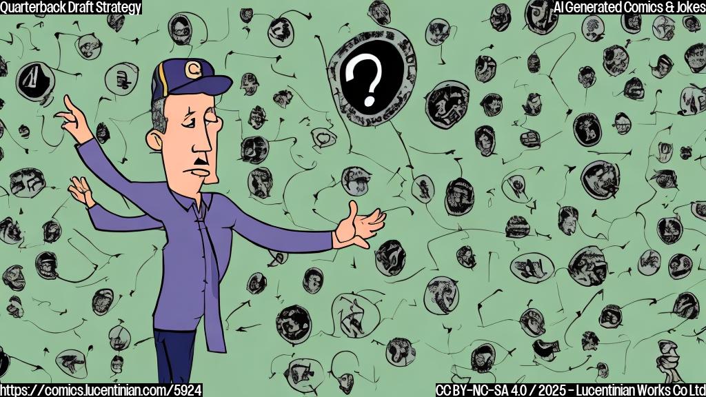 A cartoon drawing of a generic football team coach, with a concerned expression, looking at a draft board with question marks all over it. The background is a simple green field.