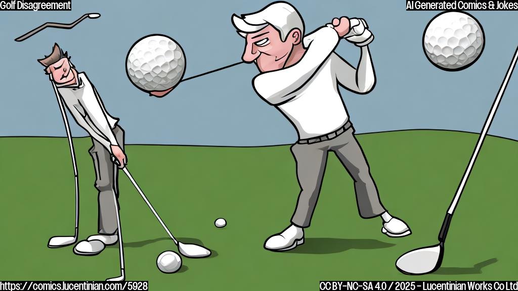 A cartoon style drawing of a white golf ball and a silver golf club standing back-to-back, with angry expressions. A green golf course is in the background. The style is plain, simple, and uses solid colors.