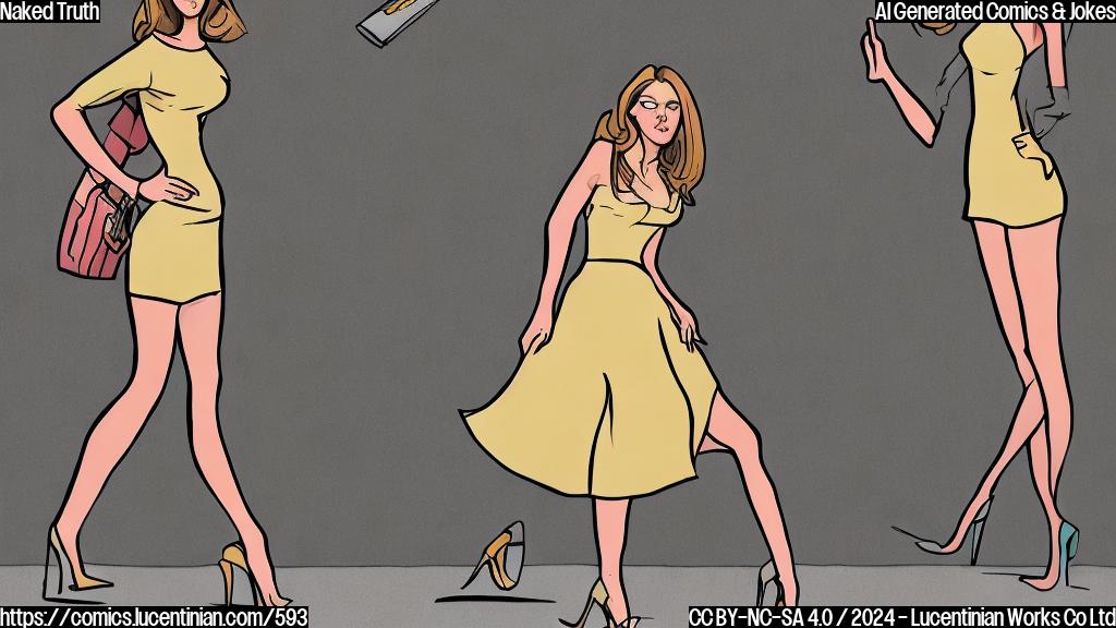 Draw a plain cartoon style picture of a young woman standing in front of a bare closet, wearing only a pair of stilettos and holding an empty wallet, with a disappointed expression.