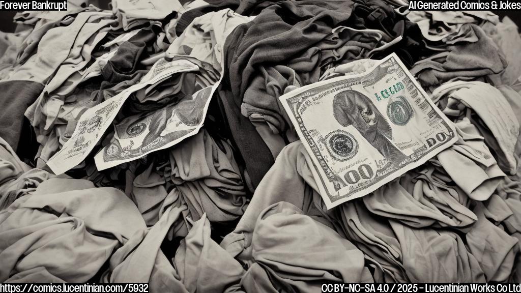 a cartoon style plain color image of a sad looking shopping bag with a dollar sign on it, sitting on a pile of discarded clothing.