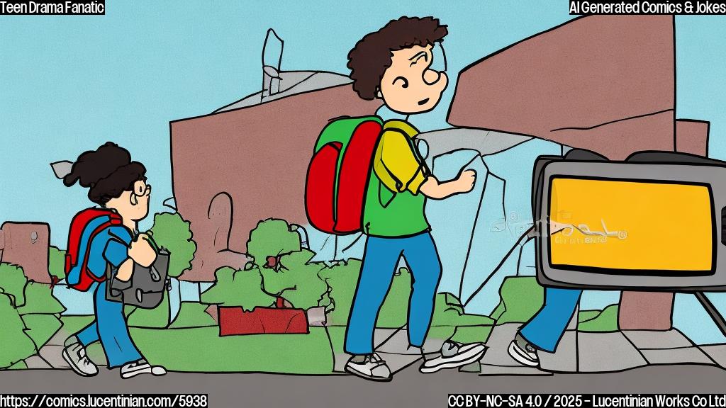 Plain color cartoon style image of a television set wearing a backpack and walking towards a school building. The school building has a sign that says "High School."