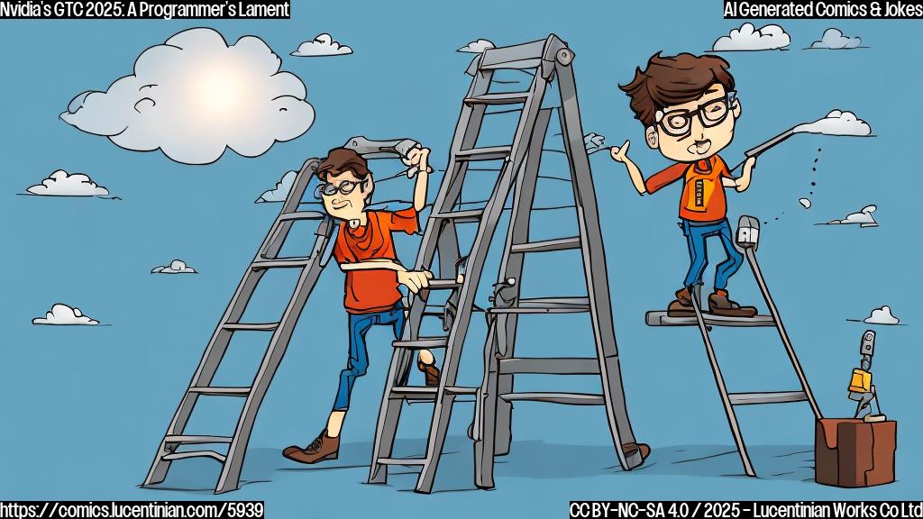 Cartoon style image of a programmer with glasses and a pocket protector carrying a comically large ladder towards a building with a sign that vaguely resembles "GTC". The sky is a plain light blue. Use a flat, untextured style.