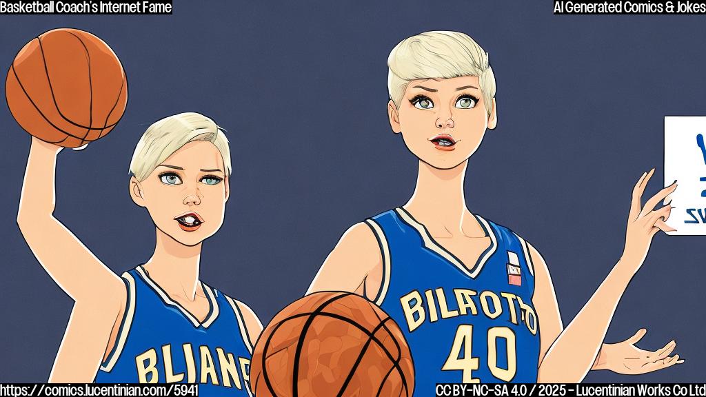 A cartoon style image with a plain blue background. A woman with short blonde hair wearing a black basketball coach outfit and holding a basketball looks directly at the viewer with a surprised expression. Speech bubble above her head with a camera icon inside.