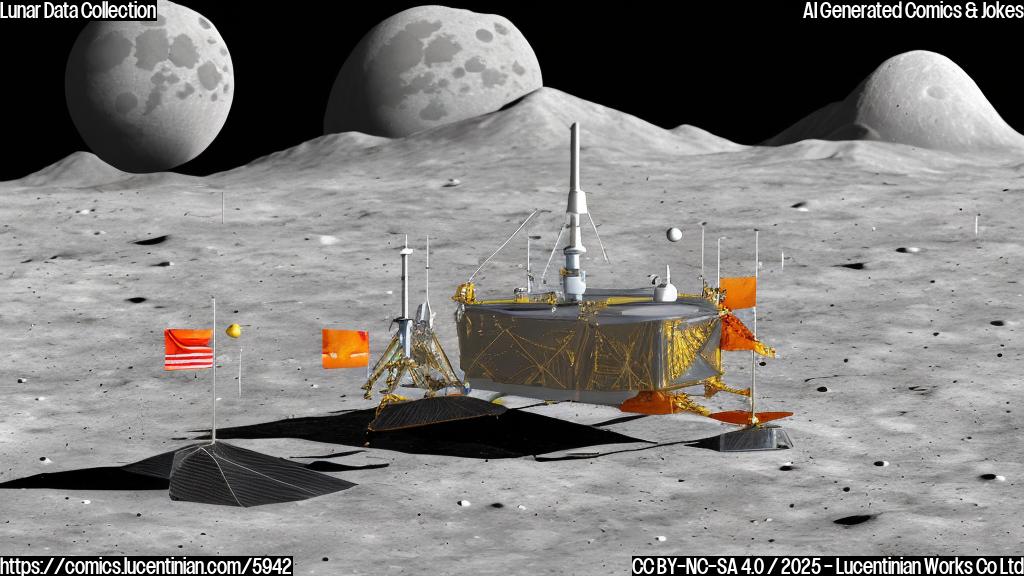 A cartoon style illustration with a lunar lander on the moon's surface. The lander is simplified and brightly colored. It holds a large pen in one of its robotic arms and a clipboard in the other, as if taking notes. The moon surface is a plain light gray.