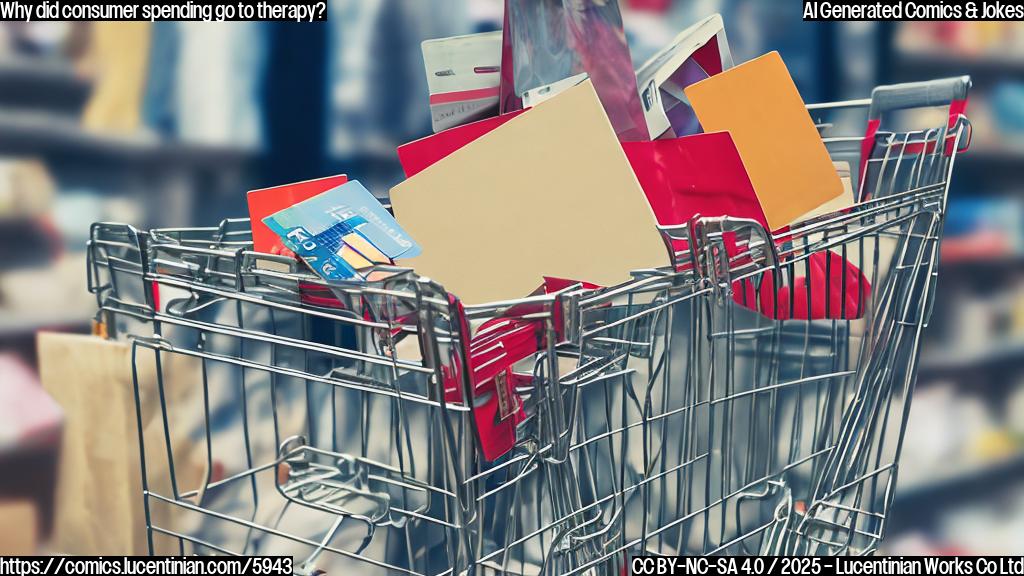 a shopping cart with a worried expression, surrounded by shopping bags and a credit card in the background