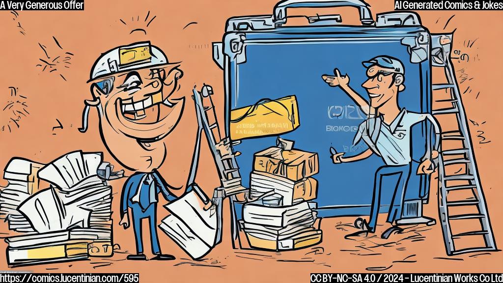 Draw a plain color cartoon style image of a smiling, briefcase-carrying Boeing worker with a ladder in the background, and a contract with a big smile on it.