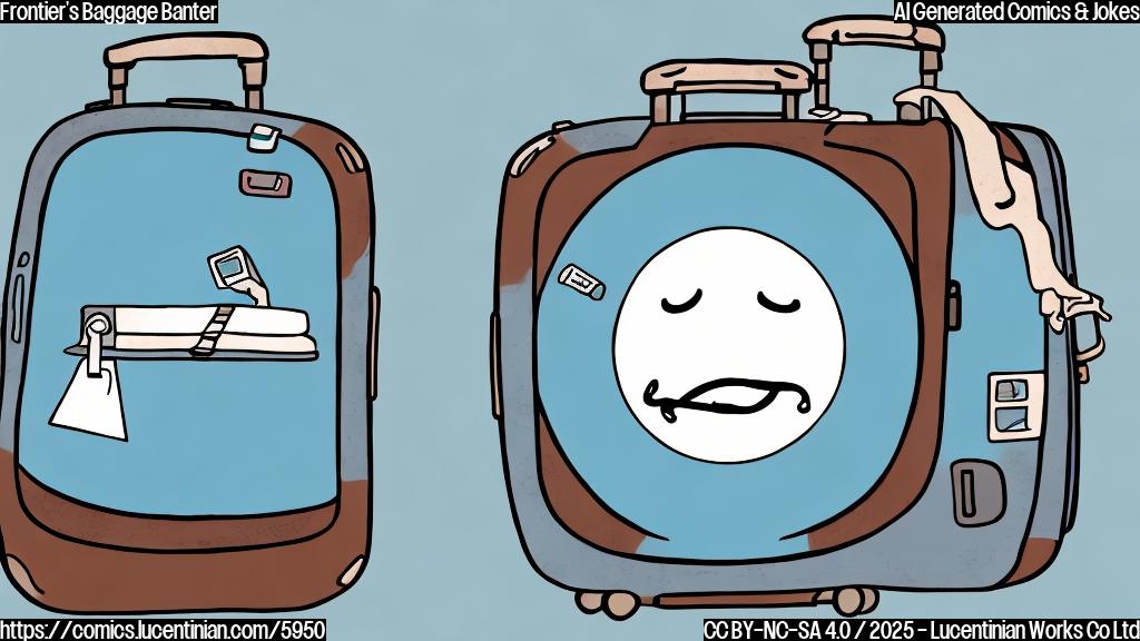 A simple cartoon style image with a light blue background. In the center, a sad-looking brown suitcase with eyes and a mouth is shedding a single tear. Above the suitcase, in a smaller font, are the words "Free Checked Bags!".