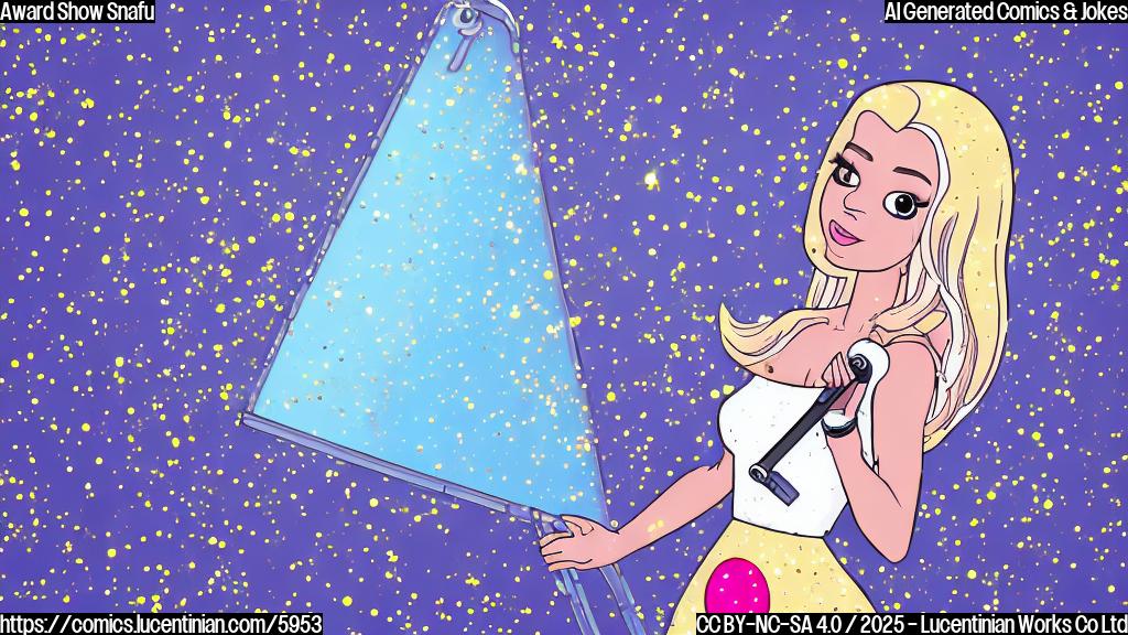 A simple, plain background with a cartoon drawing of a female pop star with long blonde hair wearing a sparkly dress awkwardly holding a large ladder at a music awards show. Confetti is falling.