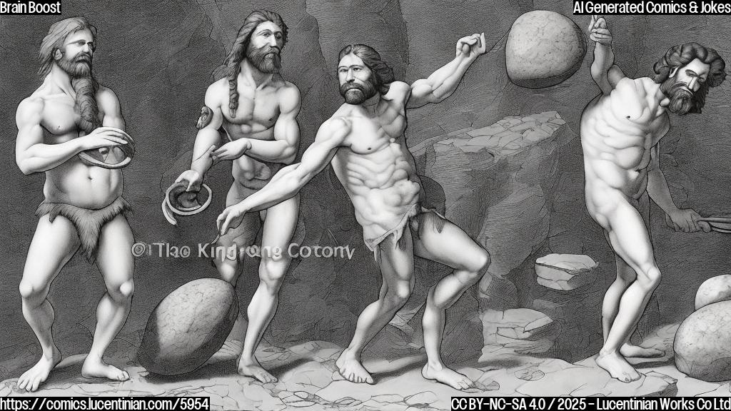 A simple cartoon depicting two cavemen. One is scratching his head in confusion while holding a large stone tool. The other caveman is pointing at the tool with a knowing look on his face. The background is a plain beige color.