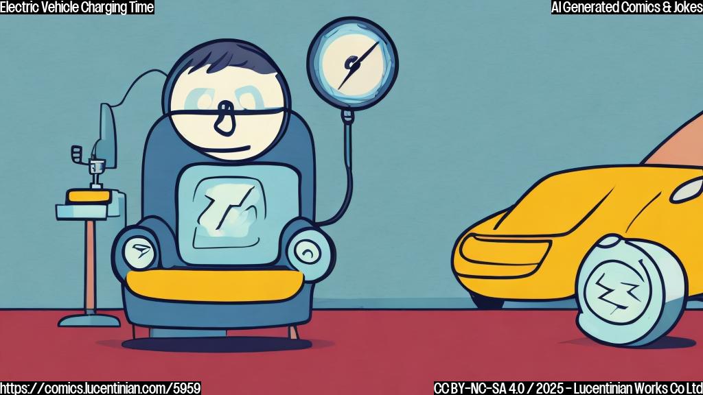 A cartoon style illustration of a sad electric car with a battery meter showing almost empty, sitting on a therapist's couch. The therapist is a friendly looking, gender-neutral cartoon character with glasses, holding a notepad and pen. The background is a simple, plain blue color.