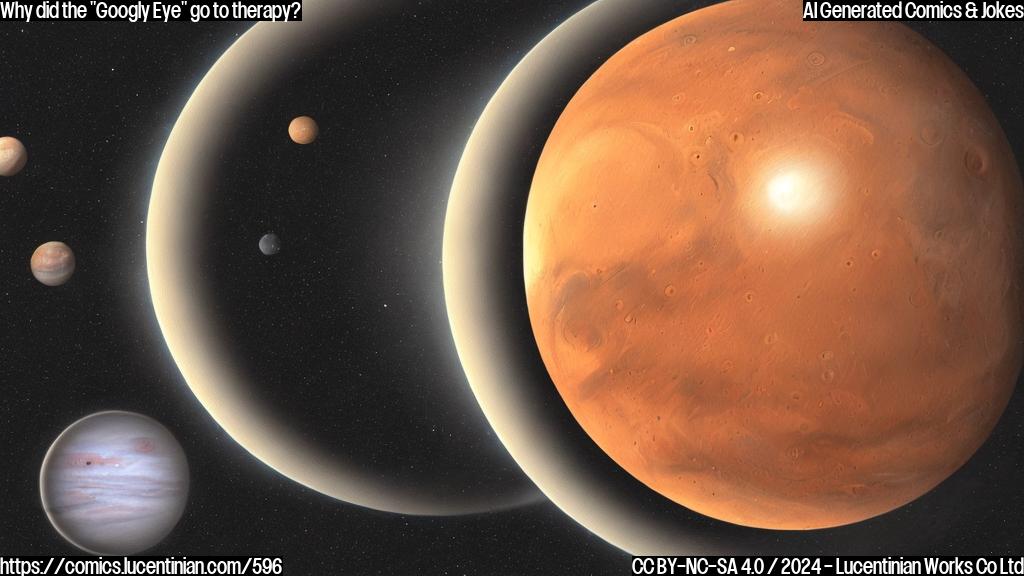 Draw a plain color cartoon style picture of a smiling Martian moon (Phobos) with a surprised expression on its face, passing in front of a bright circle representing the Sun. The Martian sky should have a subtle reddish hue to represent Mars' atmosphere. Include a small, smiling eye in the center of the "Googly Eye" effect created by Phobos passing in front of the Sun.