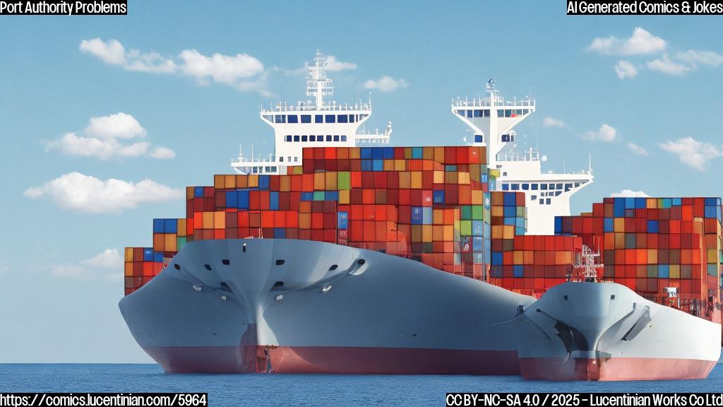 A simple, plain cartoon of a large container ship sitting in a harbor. A magnifying glass is hovering over the ship, and a large, official-looking document with a red stamp is beside it. The background is a light blue sky.