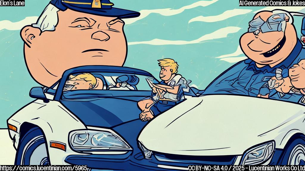 A plain color cartoon style image of a slightly overweight man with short blond hair wearing a simple white t-shirt, slumped in the driver's seat of a futuristic-looking car. A police officer with a standard blue uniform and a stern expression stands next to the car, handing the man a ticket. The background is a simple stylized depiction of a highway with clear lane markings.