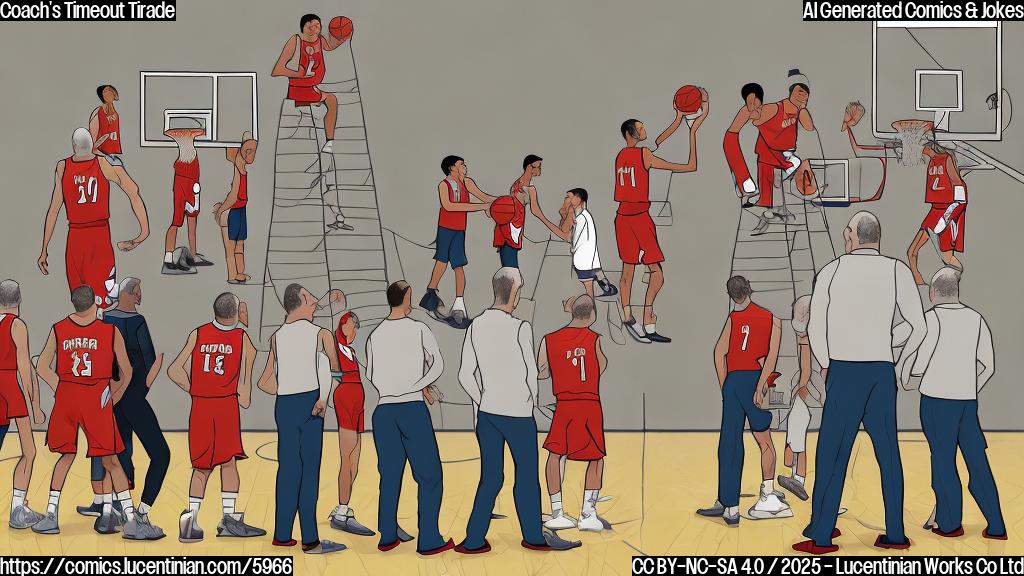 A plain color cartoon style picture of a basketball coach, a middle-aged man with short gray hair and a red face, standing on a small stepladder during a timeout. Around him are three assistant coaches looking bewildered. The coach is holding a clipboard and yelling into it with exaggerated anger.