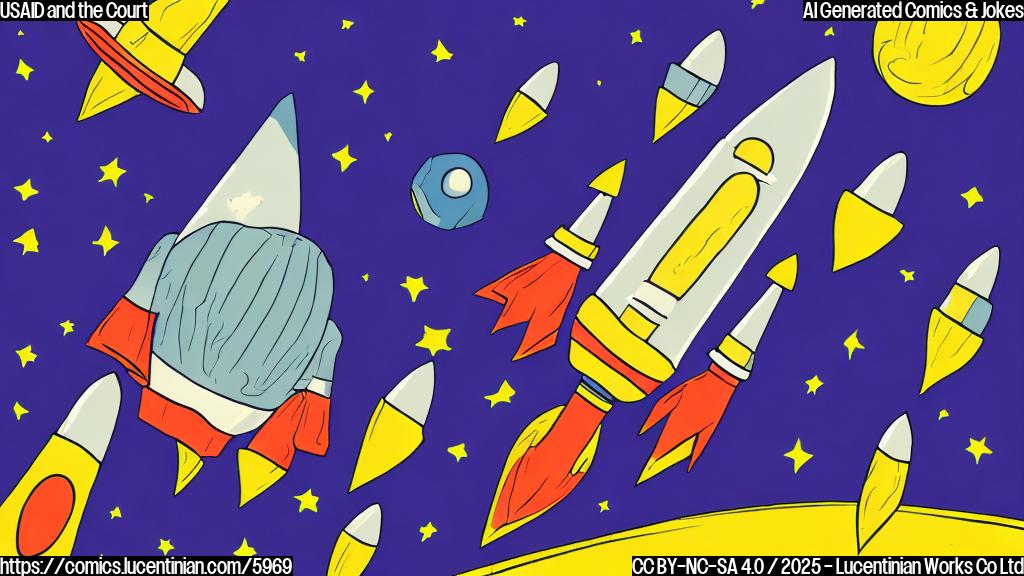 Draw a cartoon style picture with a plain yellow background. In the center, a gavel is slamming down on a stylized rocketship. The rocketship has a logo resembling the USAID logo, but slightly altered.