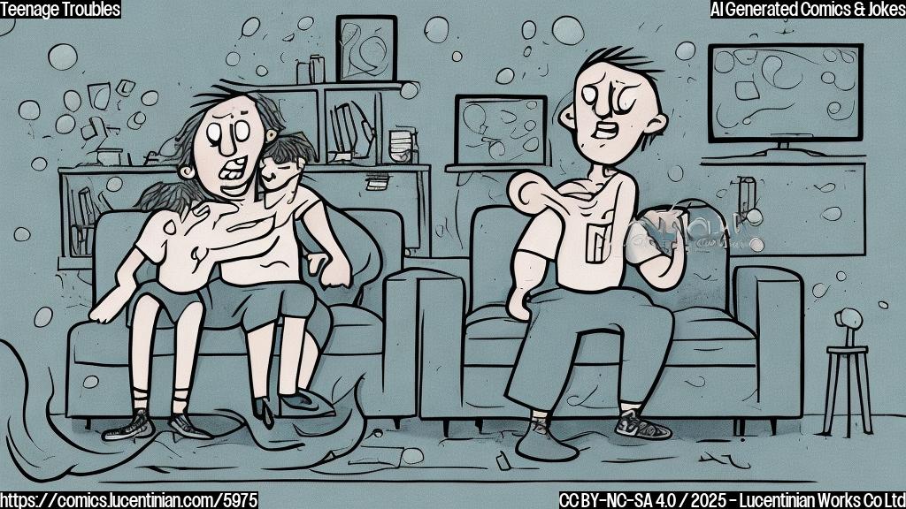 Cartoon illustration of a stressed-out parent with messy hair, wide eyes, and sweat dripping down their face, sitting on a couch in front of a television screen showing a vague, ominous image. The background is a plain light blue color. Style should be simple and cartoonish.