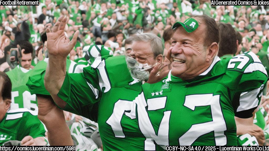 Plain color cartoon style picture of a muscular, middle-aged man in a green and white football uniform, smiling and waving to a crowd of cheering fans. The stadium is simplified with basic shapes and colors. He is carrying a champion's trophy in one hand and his helmet in the other. The background is a light green color.