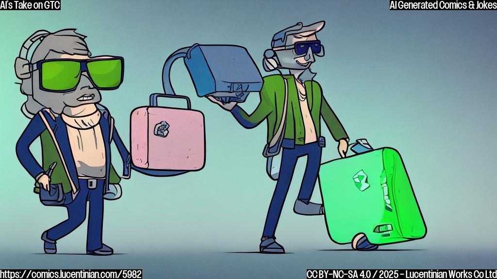 A plain color cartoon style image of a green colored GPU chip wearing sunglasses and carrying a tiny suitcase, walking past a sign that says "GTC 2025". The background is a simple blue gradient.