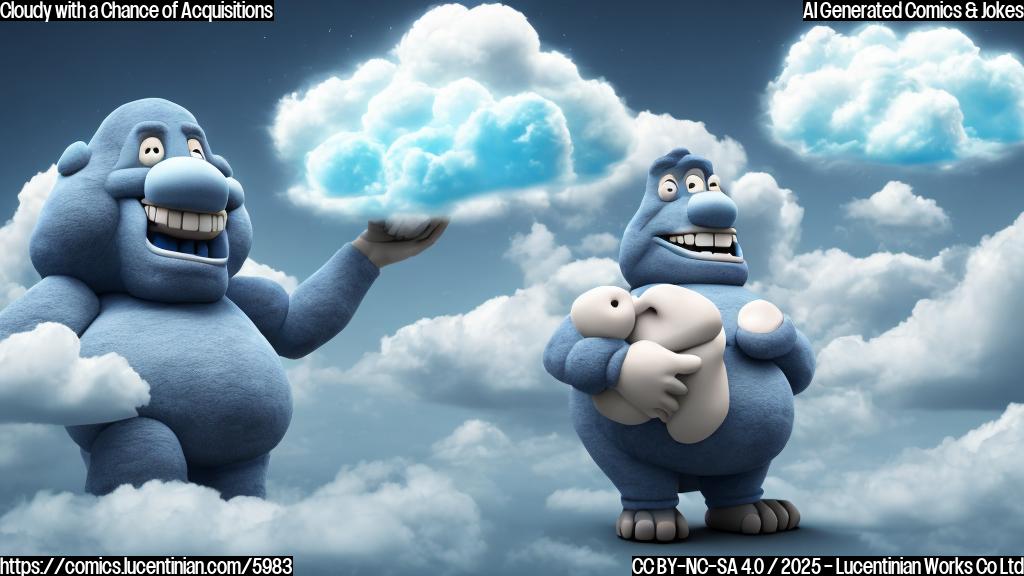 A cartoon image of a large, friendly looking blue giant (representing a tech company) holding a small, bright cloud (representing the security startup) under its arm. The giant is smiling and the cloud has a happy face. In the background, there are other grey, stormy clouds with sad faces, suggesting vulnerabilities being avoided. The style should be simple and brightly colored.