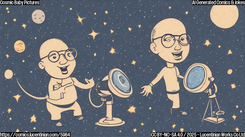 A plain color cartoon of a surprised astronomer with round glasses holding a stack of diapers, looking up at a giant telescope pointed towards the sky filled with twinkling stars and swirling galaxies.