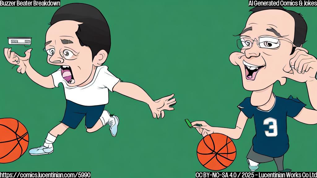 Cartoon illustration of a basketball coach with a flustered expression holding a calculator in one hand and a crumpled bracket in the other, with a basketball flying through the air behind him. The background is a plain green color. The style is simple and clean, resembling a children's book illustration.