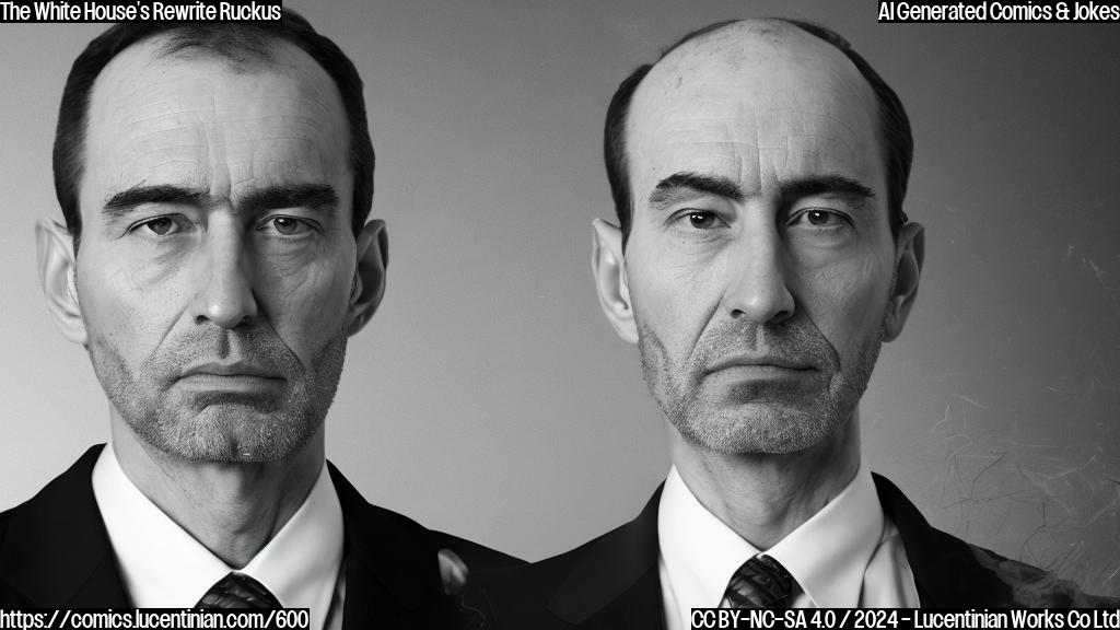 A stern-faced male figure with a serious expression, wearing a suit and standing behind a podium. A laptop screen displays a faint red glow on the wall behind him, with a scribbled-out sentence highlighted in yellow ink. The figure's hands are clasped together, and his eyes are cast downward in guilt.