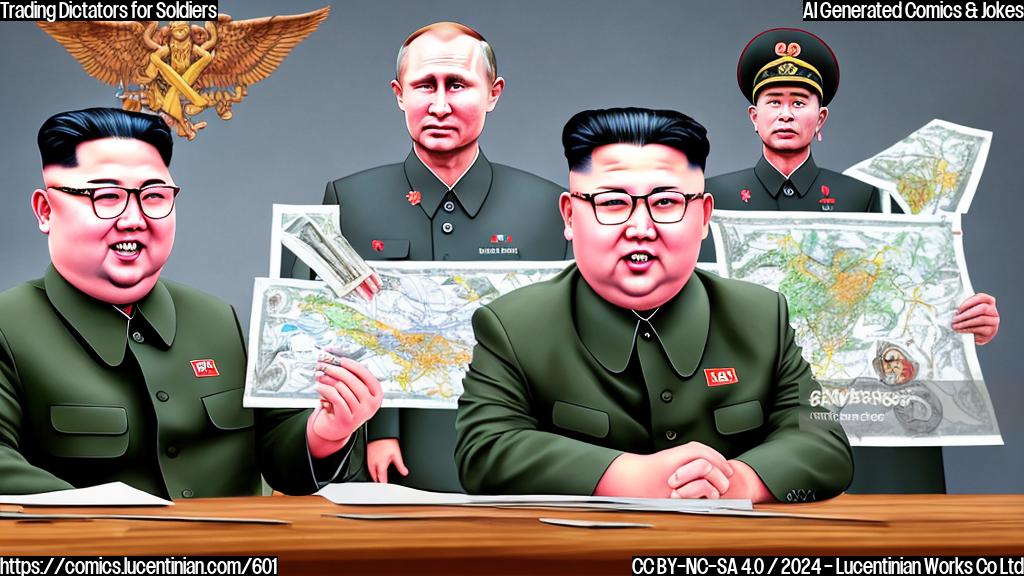 Draw a cartoon of a person (Kim Jong Un) and another person (Vladimir Putin) sitting at a table with a map in the background. Kim Jong Un is wearing a military uniform and holding a sign that says "Soldiers" while Vladimir Putin has a briefcase full of cash and is smiling.