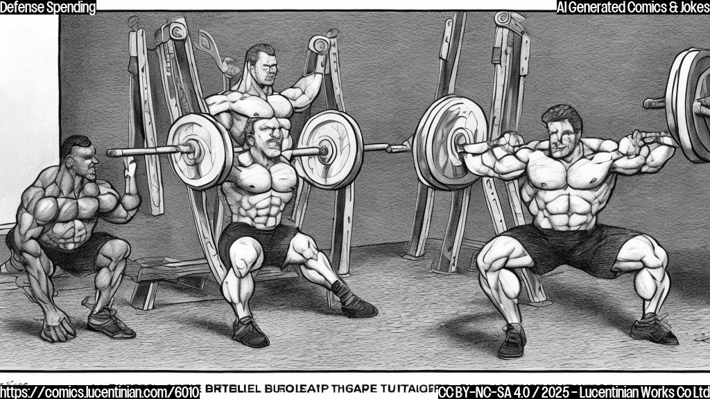 A cartoon depicting the European Union flag as a muscular weightlifter, bench-pressing a barbell with "Defense Budget" written on it. The weightlifter is sweating and straining, with determination on its face. In the background, a smaller, less defined figure representing the United States flag is seen walking away, shrugging its shoulders. The overall style should be simple, bold colors, and reminiscent of a political cartoon.