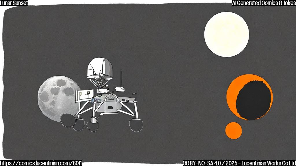 A simplistic, plain color cartoon illustration of a lunar lander with simple shapes, watching a sunset on the moon's horizon. The sun is a large, orange circle. The lander has a rectangular body and four landing legs. The moon is a gray surface with a few craters. The background is a black sky with a few white stars.