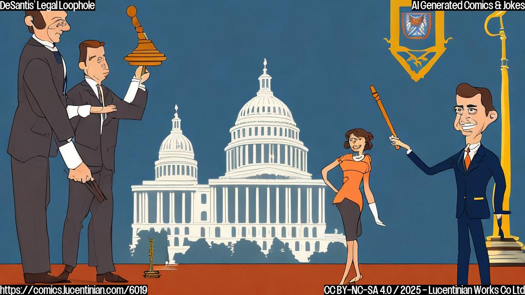 A cartoon illustration in a minimalist style. A man with short brown hair styled upwards is pointing at a large gavel with a confused expression. The gavel is labeled "Federal Courts." In the background, a building representing Congress is shown with a sly smile. The color palette should be plain and simple, using muted blues and oranges.