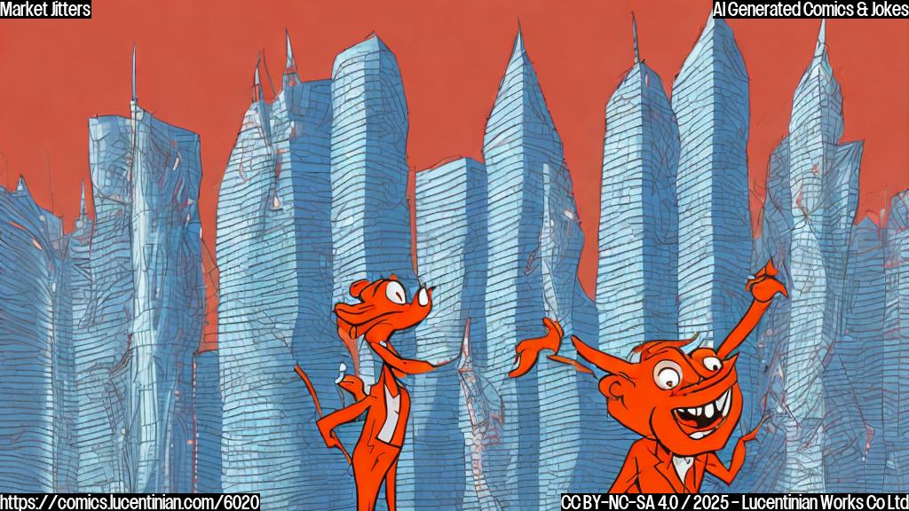 Cartoon illustration of a frustrated, anthropomorphic stock chart with jagged lines, stomping its foot like a child having a tantrum. The background is a blurred cityscape with skyscrapers, suggesting a financial district. The color palette is mainly red and orange, conveying a sense of anger and volatility.