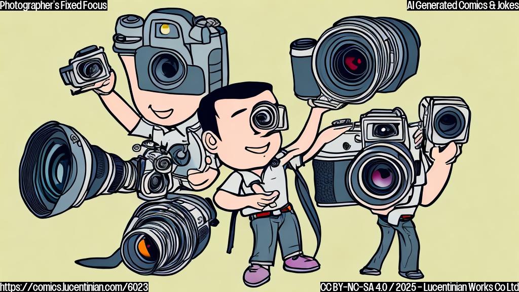 A photographer with a confused expression holding a camera with a permanently attached lens, cartoon style, plain color background.