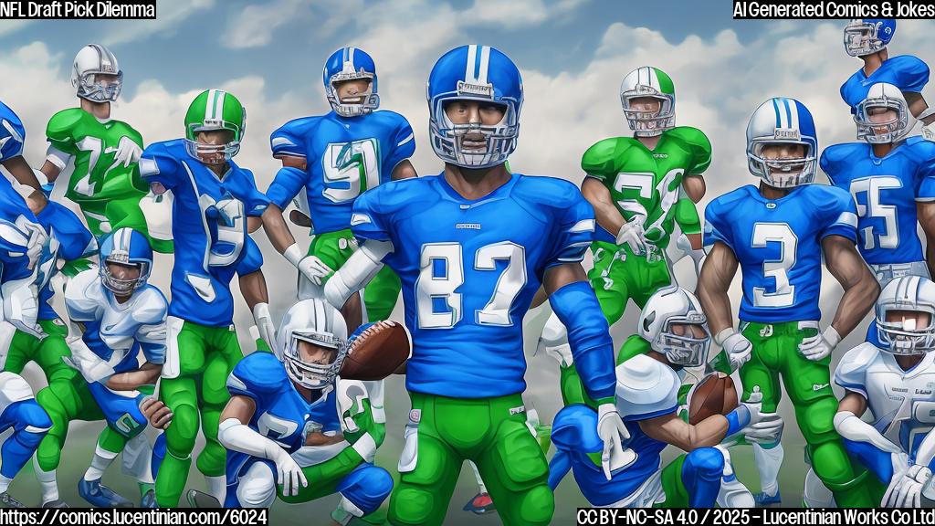 A cartoon drawing of a generic football team, represented by players in blue and green uniforms, standing next to a very tall ladder at what appears to be a draft event. In the background are generic team logos. The style is simple and plain, using only blocks of color, with no gradients or shading.