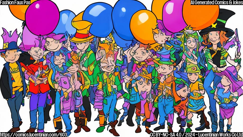 \u201cA fashion disaster with a side of embarrassment\u201d. Draw a plain color cartoon style image of a person wearing a poorly designed and ill-fitting Halloween costume, standing next to a ladder with a party hat on top, surrounded by awkwardly placed balloons.\u201D