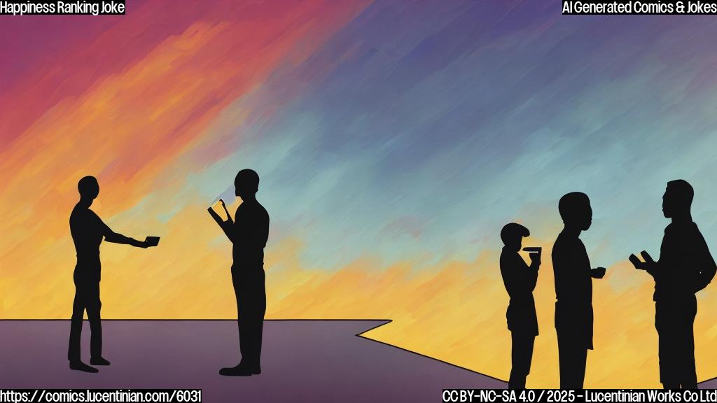 Plain color cartoon style image of two groups of human-like figures with square bodies arguing vehemently on their phones, while a bright, colorful sunset is happening in the background, unnoticed. The figures are simple and geometric.