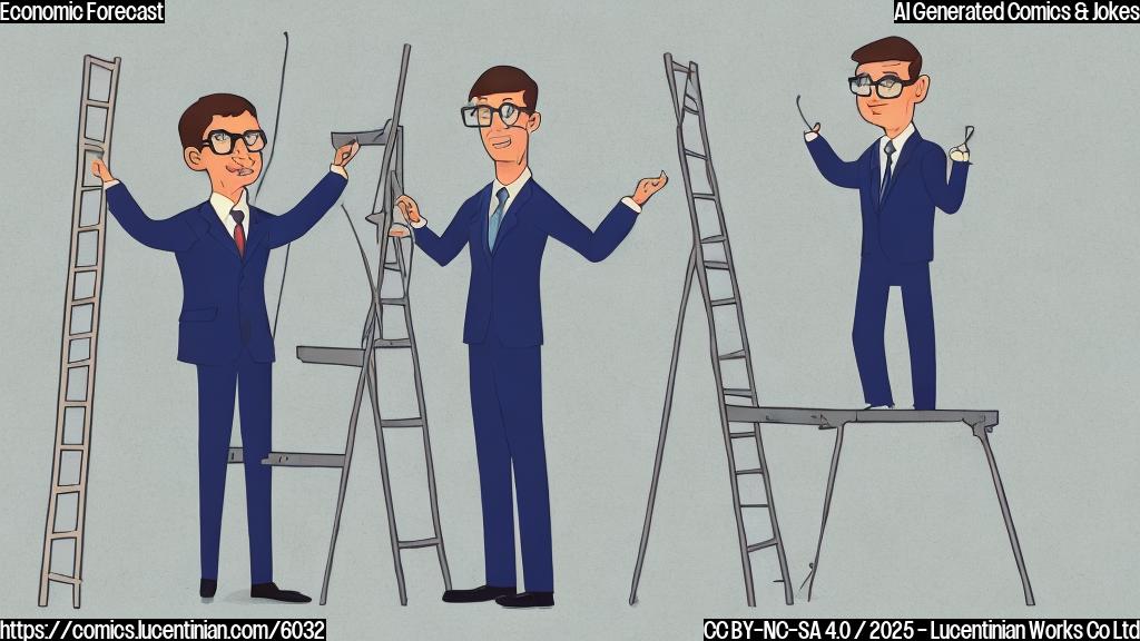 Draw a plain color cartoon style picture of an economist, depicted as a person in a suit with glasses, standing next to a very high bar labeled "Economy" and struggling to reach it with a ladder. The background is a simple blue.