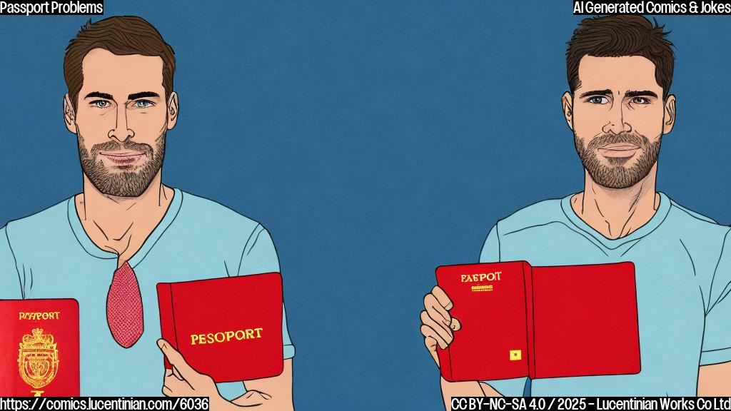 cartoon of a man sweating nervously while holding a bright red passport with large stamps on it. Background is plain light blue.