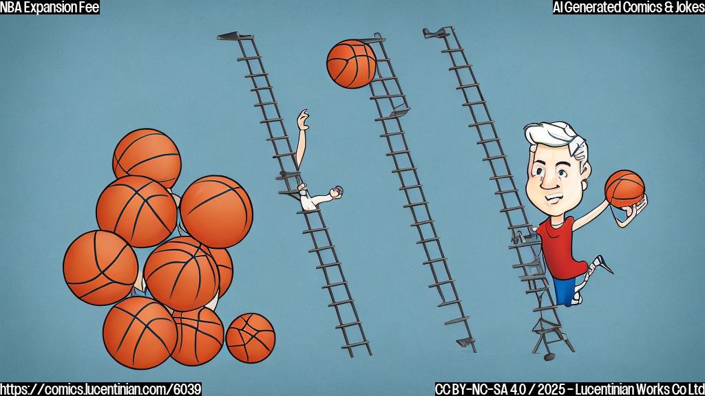 Cartoon illustration of a basketball team carrying a very long ladder towards a bank building with a large dollar sign on it. The background is a plain blue color. Style: flat cartoon.