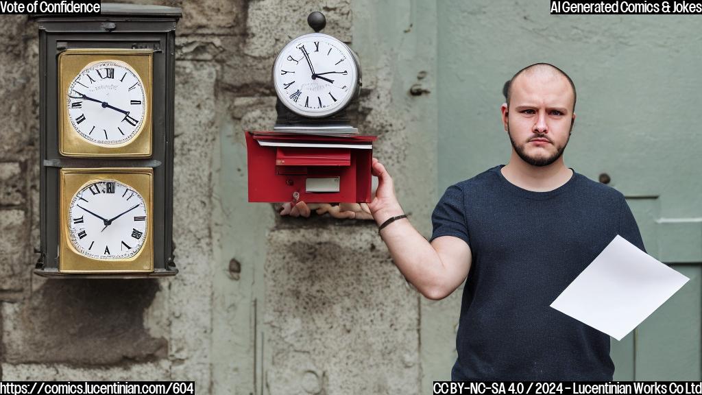 A person holding a clock and a piece of paper with a broken stamp, standing in front of a mailbox with a worried expression