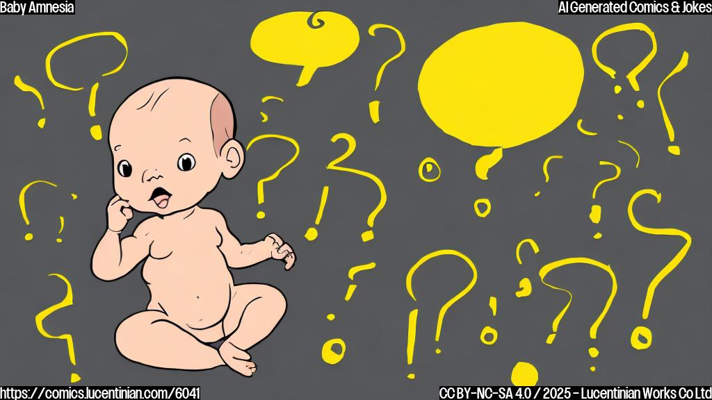 A very small baby, drawn in a simple cartoon style with a plain yellow background, looking confused and holding a diaper filled with question marks.