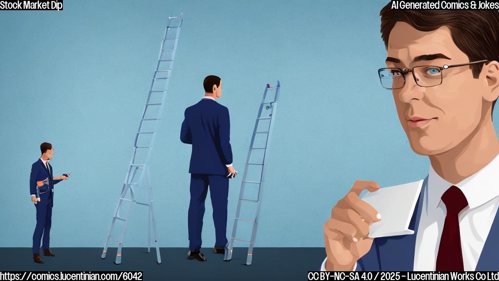 Plain color cartoon style image of a person in a business suit holding a ladder next to a graph that is sharply declining. The background is a light blue.