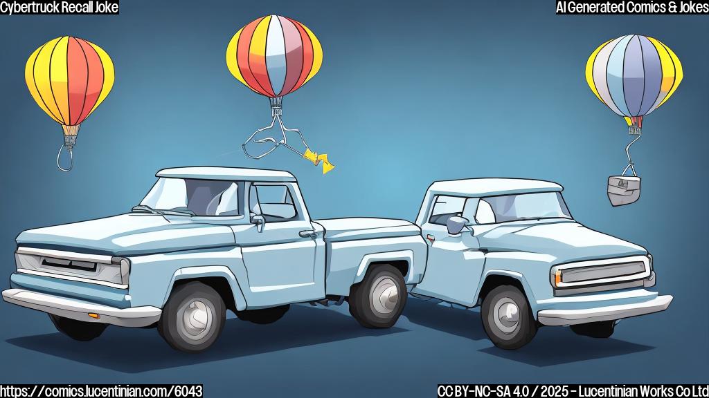 A cartoon-style illustration of a simple, angular, silver electric pickup truck with a panel comically detaching and floating away with a tiny parachute. The background is a plain, light blue color.