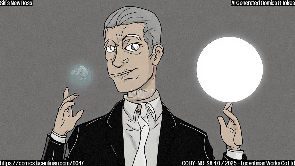 Cartoon image, plain color background, a slightly frustrated executive in a black turtleneck pointing sternly at a floating, translucent digital assistant orb. The orb looks worried. The executive is labeled "New Boss".