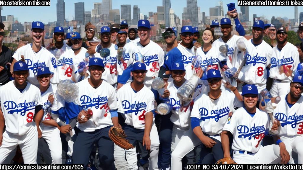 A cartoon of a group of diverse baseball players from different backgrounds and ages, all holding baseball bats or jerseys with their team logos, standing together in front of a city skyline with confetti and balloons, smiling and celebrating with champagne bottles and glasses. The players are wearing matching "Champions" t-shirts with the number 27 (representing the Dodgers' World Series title) written on them.